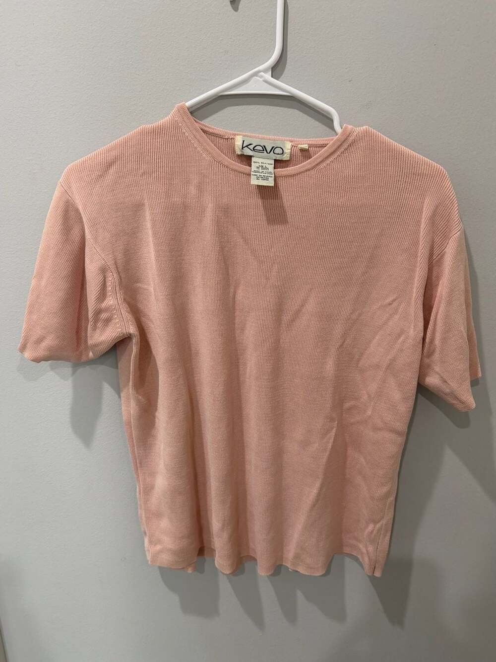 100% Silk Ribbed Knit Short Sleeve Top, timeless quiet luxury Size L